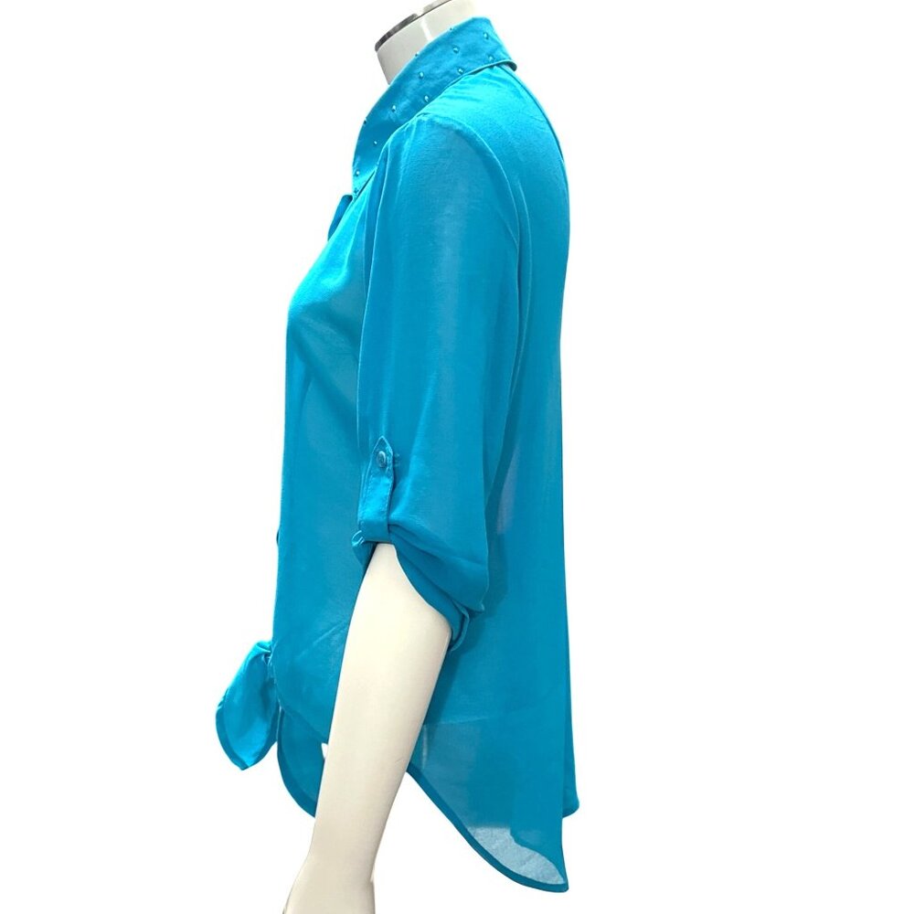 CCC Turquoise Tie Front Cutout Back Blouse Medium Statementwear Sheer Urban Chic - Picture 3 of 9